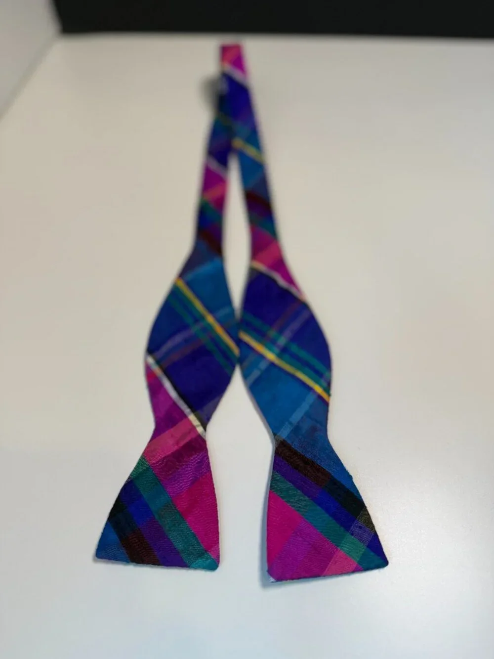 Beau Ties Ltd of Vermont Silk Plaid Self-Tie Bowtie Blue Pink Tartan